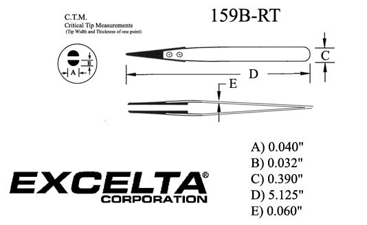 Excelta 159B-RT Straight Soft Replaceable .040in. Tip 5in. Carbofib Tweezer specs